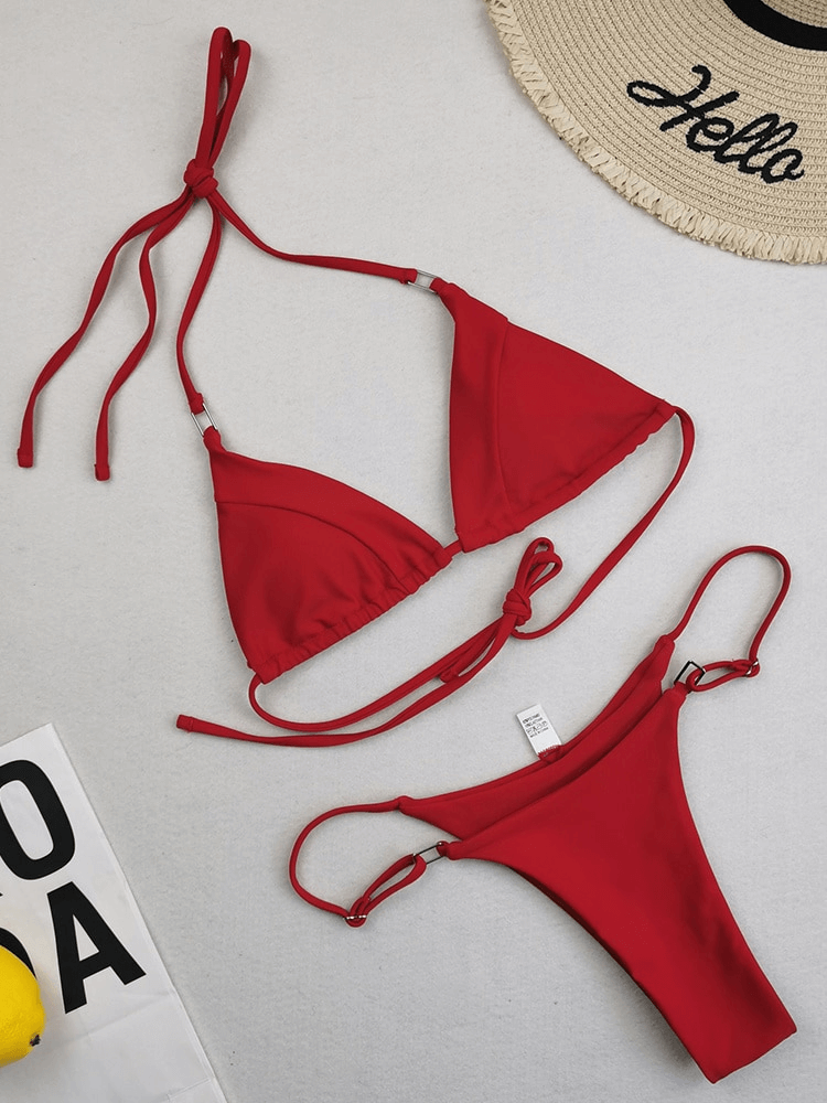 Red low waist bikini set for women, Brazilian style, ideal for beach and swimming, featuring ultra-low waist and secure fit.